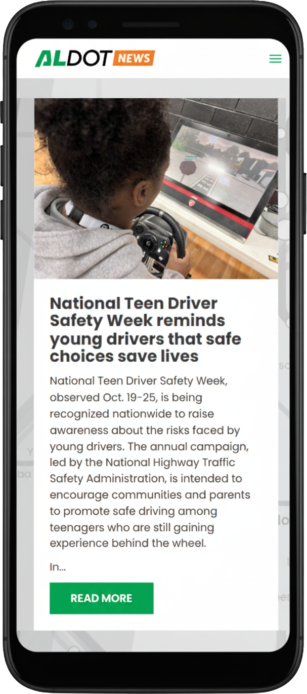 Cell phone with ALDOT news hub on the screen
