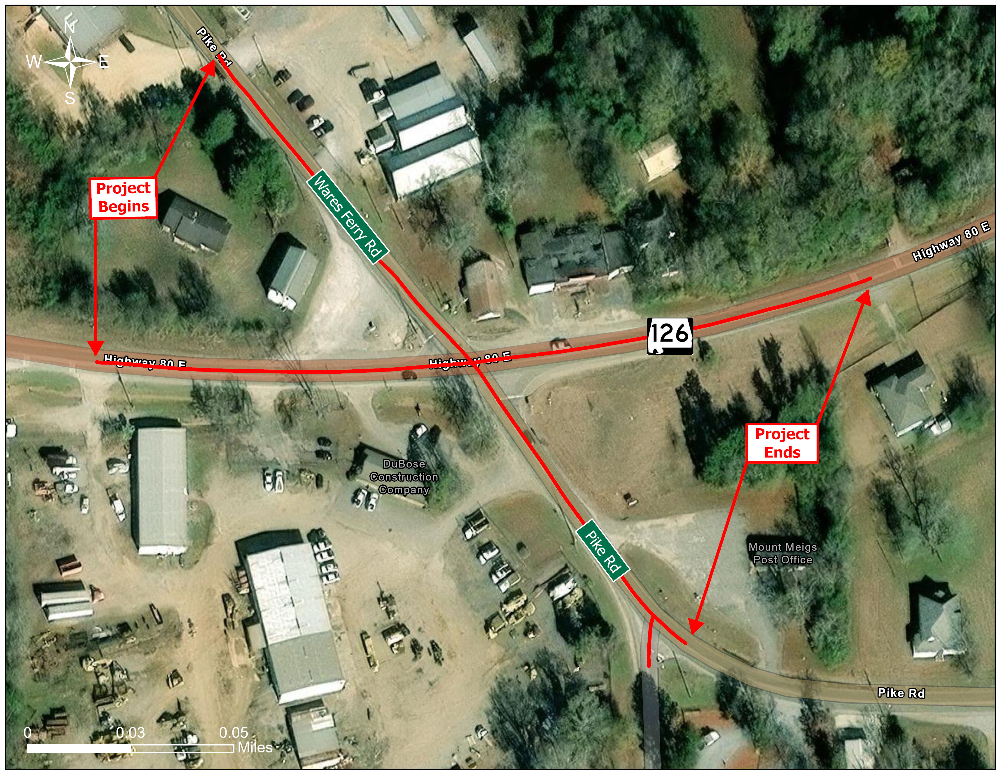 Aerial map showing the proposed project location on AL-126 at its intersection with Wares Ferry Road/Pike Road.