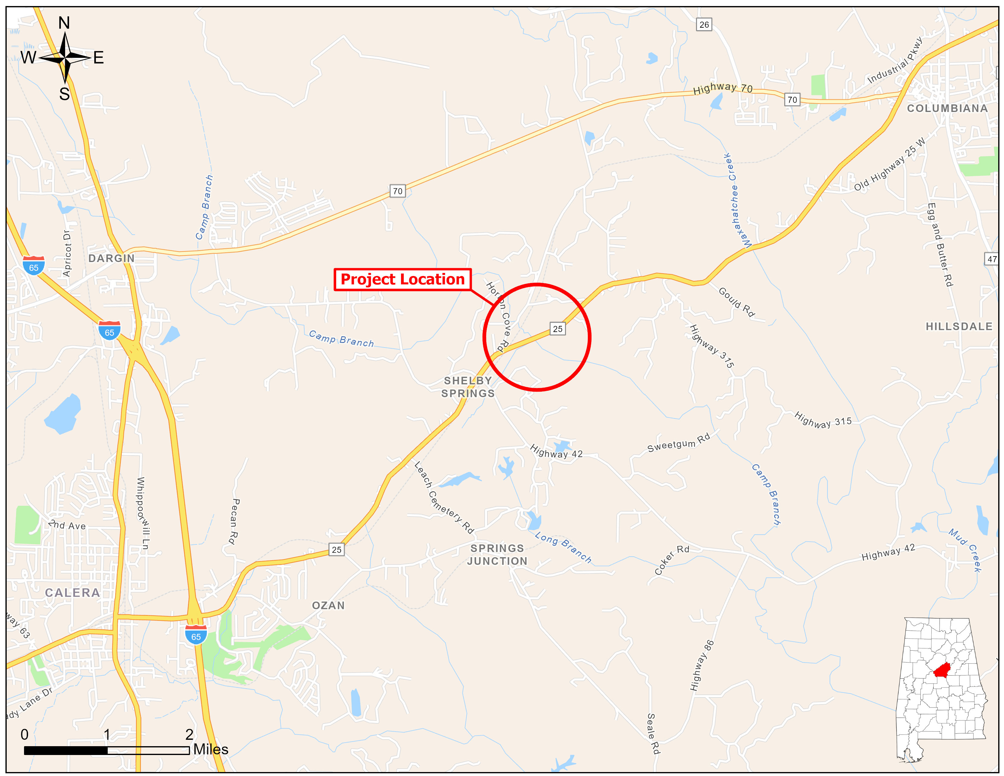 Map showing the project location along AL-25 over Camp Branch Creek