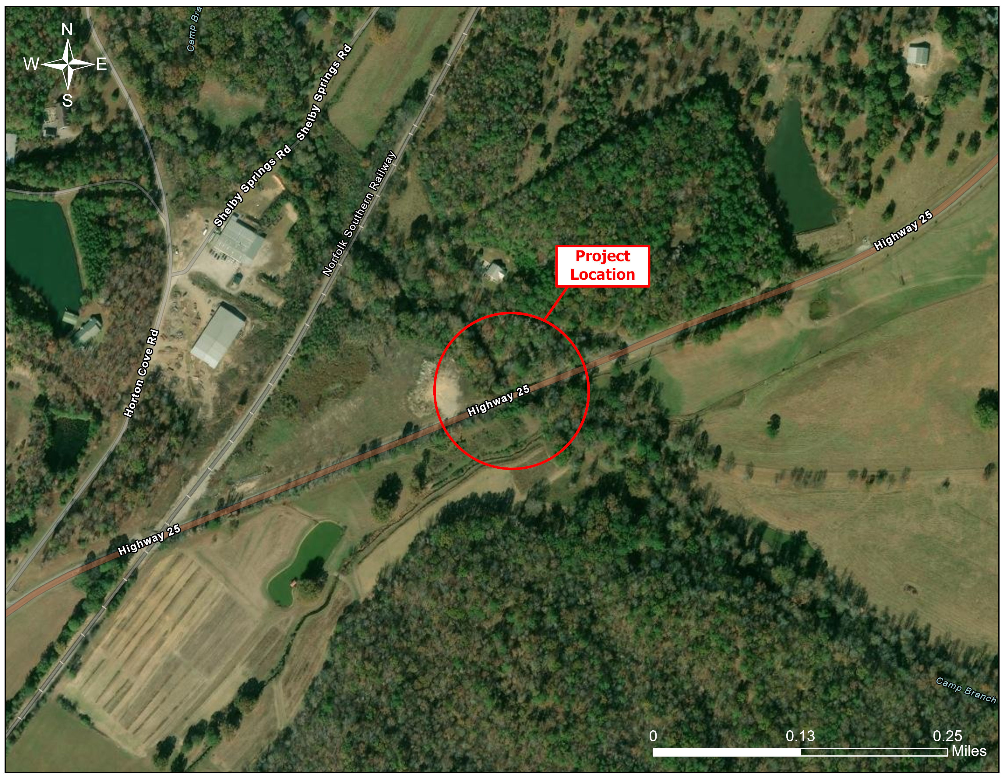 Aerial Map showing a closer view of the project location along AL-25 over Camp Branch Creek