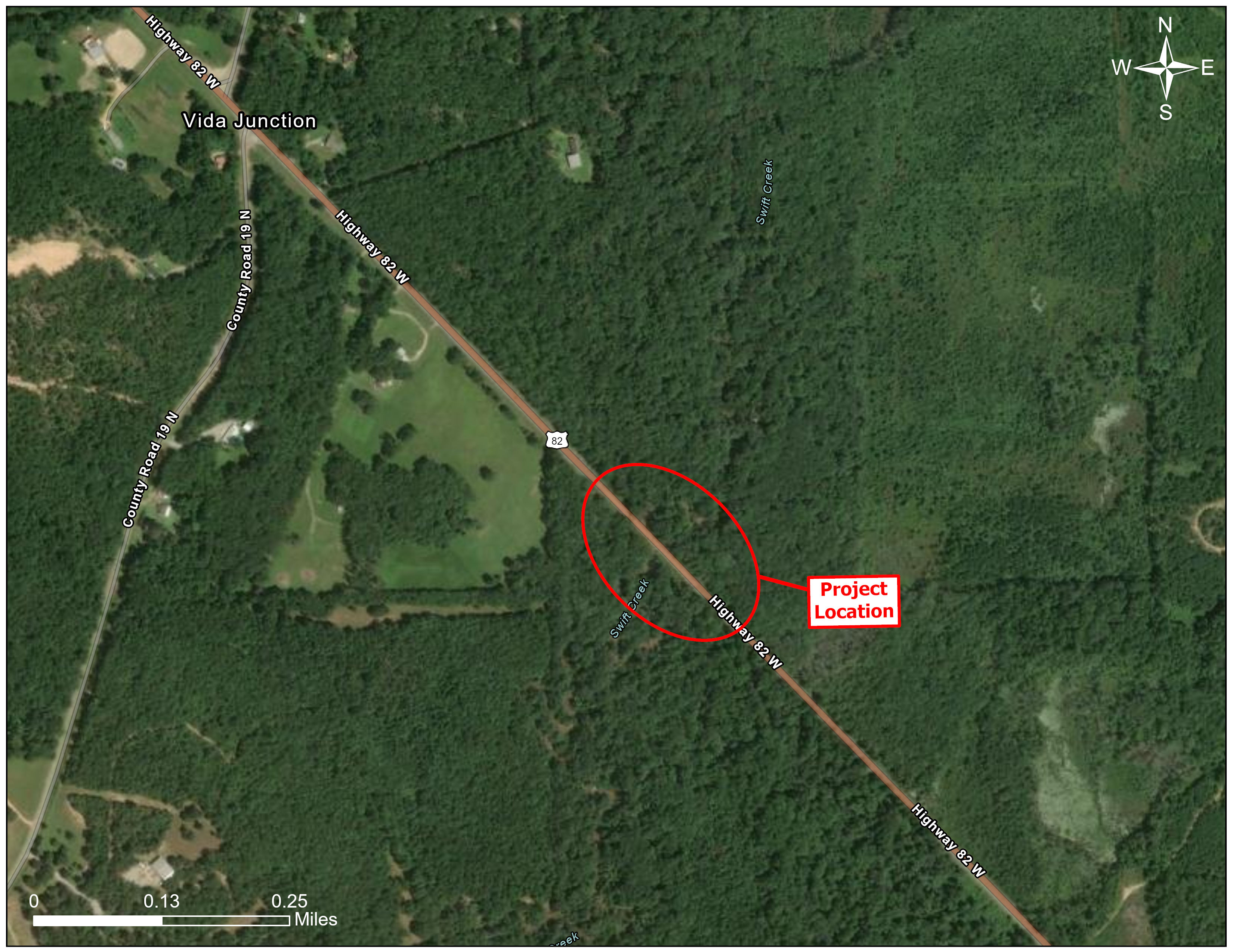 Aerial map showing the project location circled in a red with a text identifier.  The bridge to be replaced is on US-82 over Swift Creek.