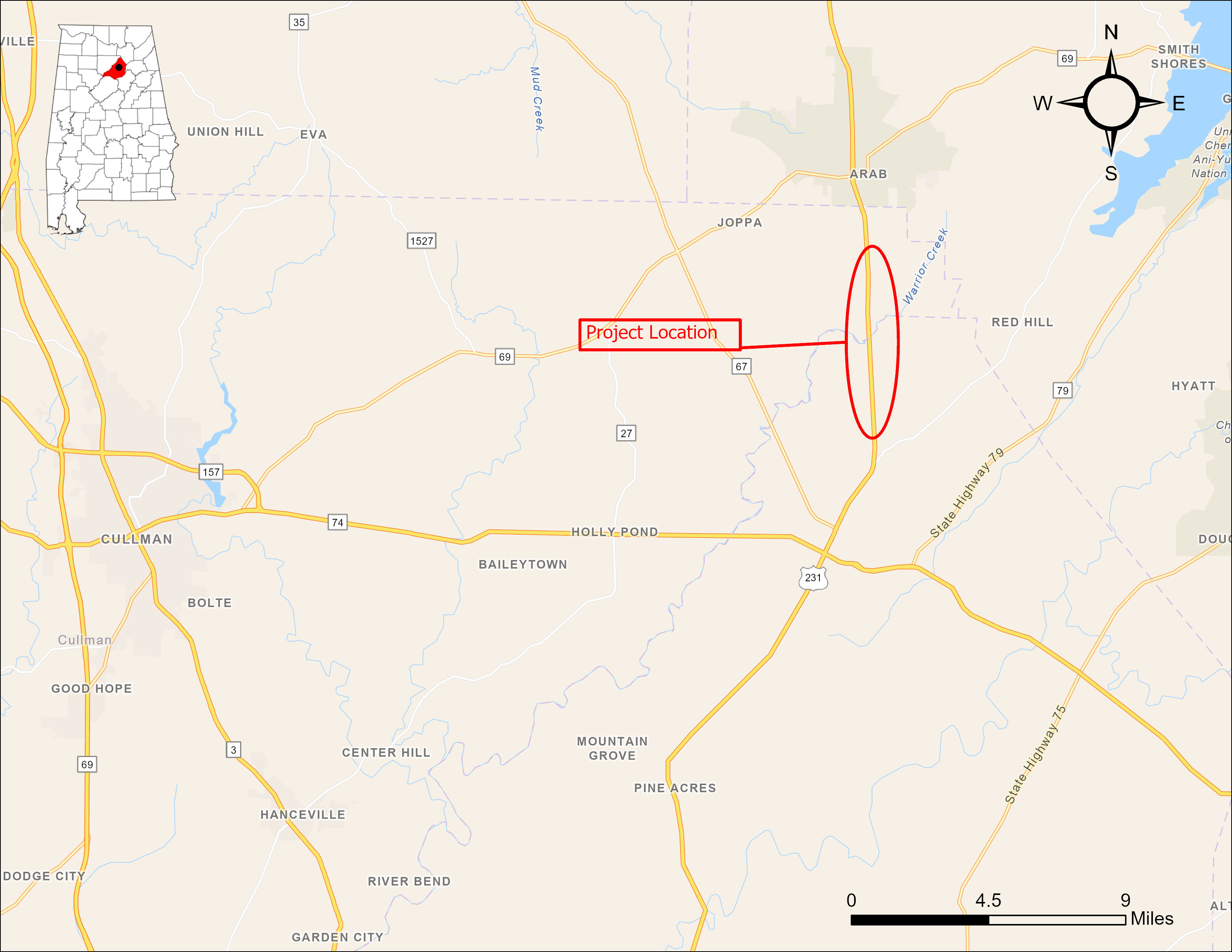 A map showing the location of the proposed bridge replacement project. The project is located along AL-53(US-231) on the county line of Blount and Cullman counties. The bridge crosses over the Warrior Creek.