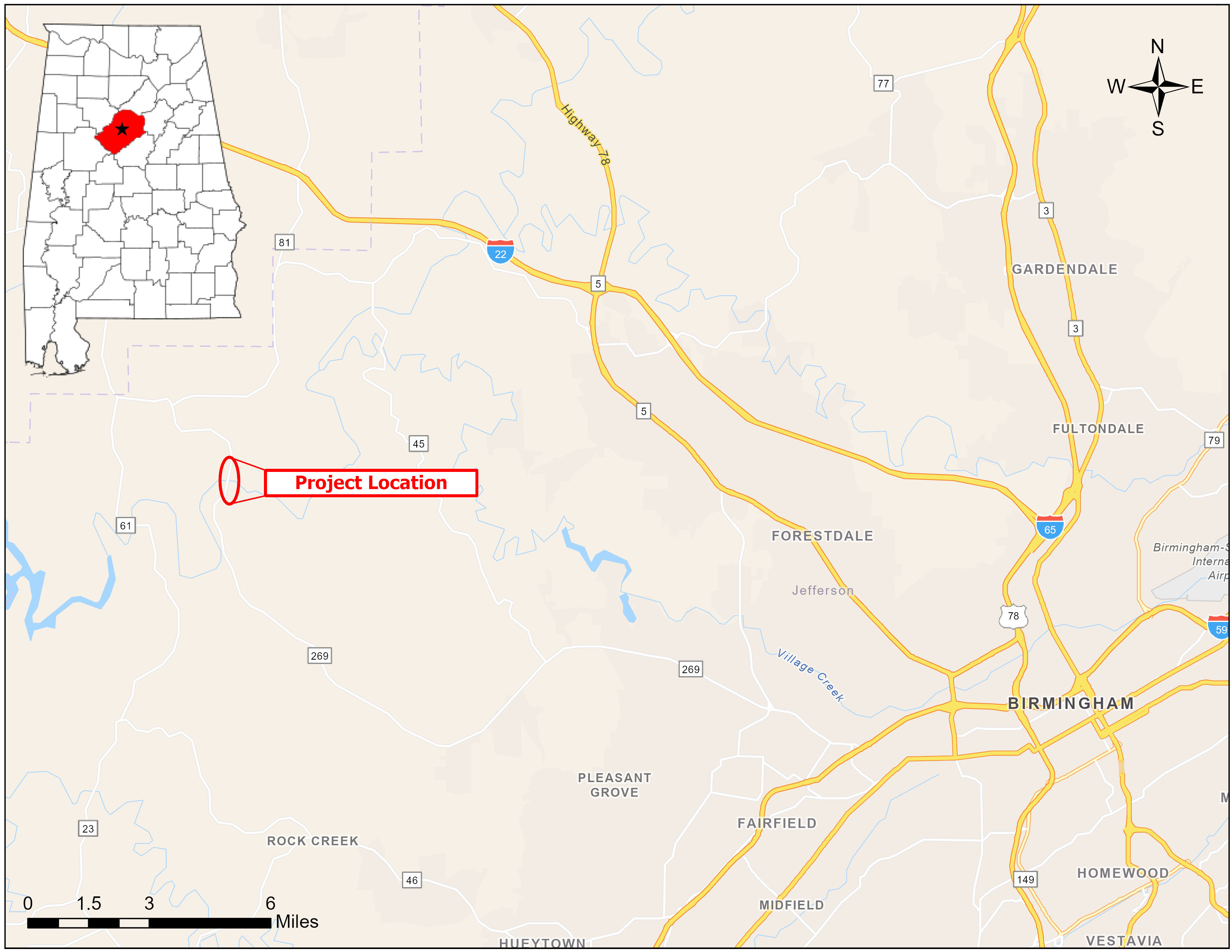 A map showing the location of the proposed bridge replacement. The project is located along AL-269 in north west Jefferson County.