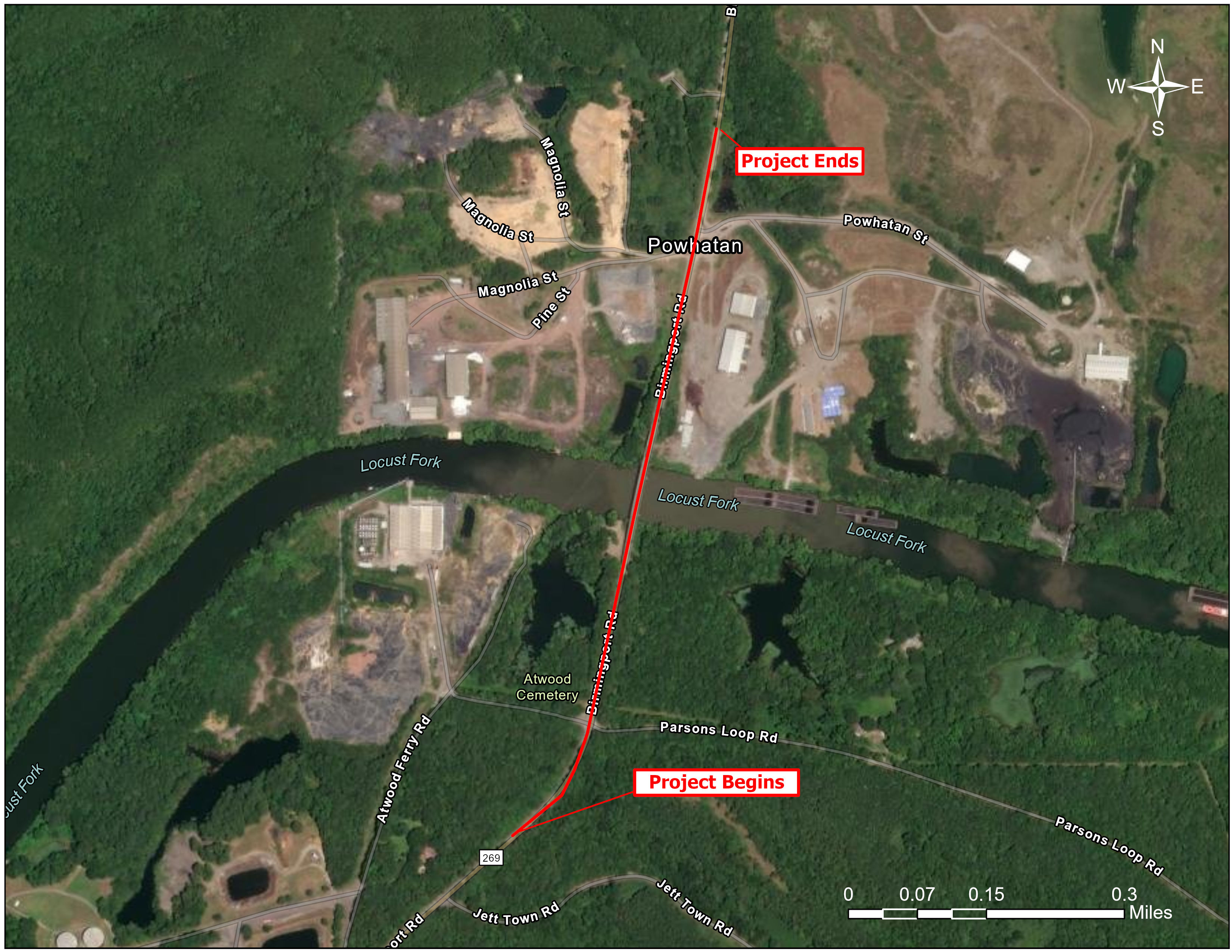 Zoomed in map of the location of the proposed bridge replacement. The bridge will be replaced to the east of the existing bridge.