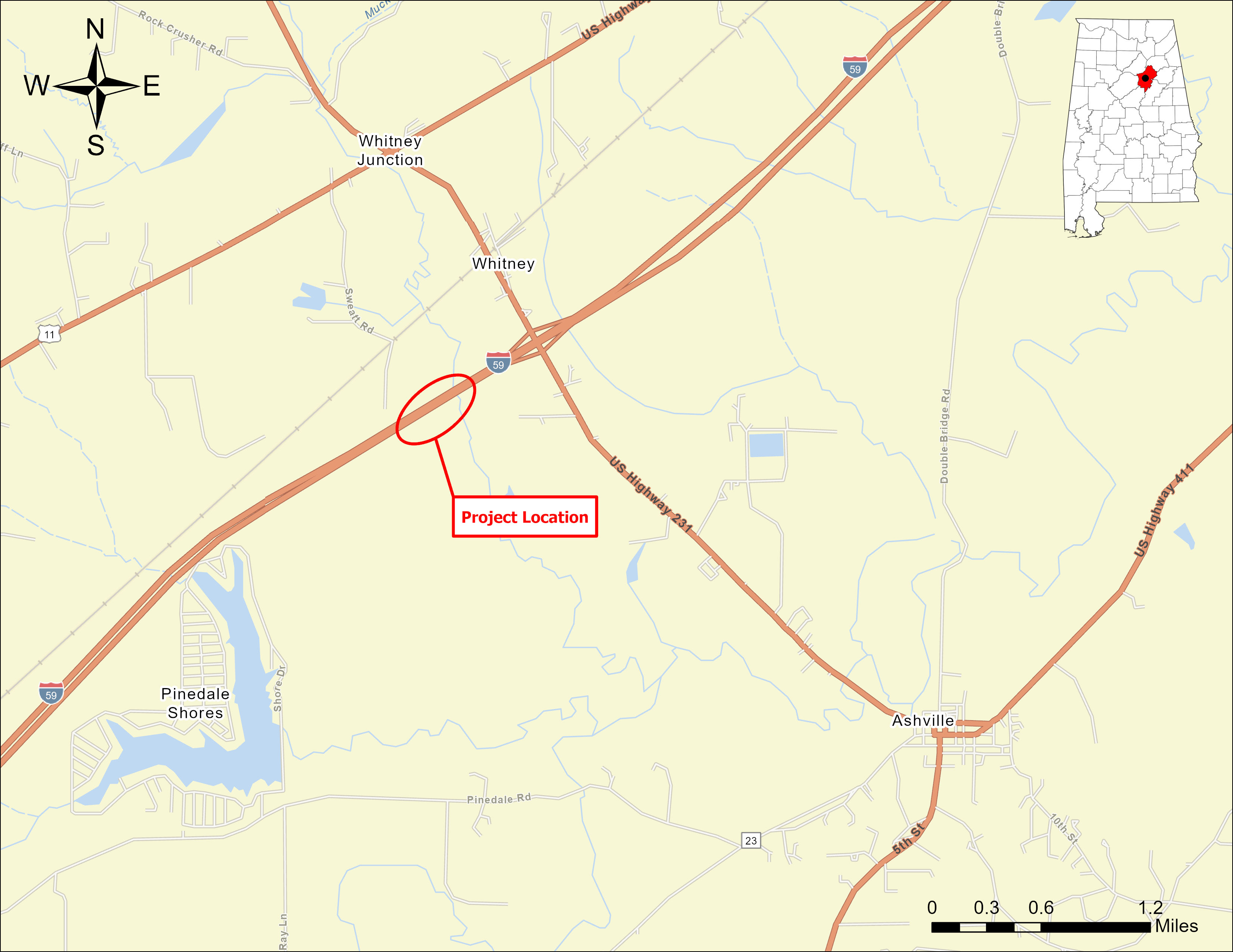 The image shows the general project location of the bridges on I-59 over Muckleroy Creek. 