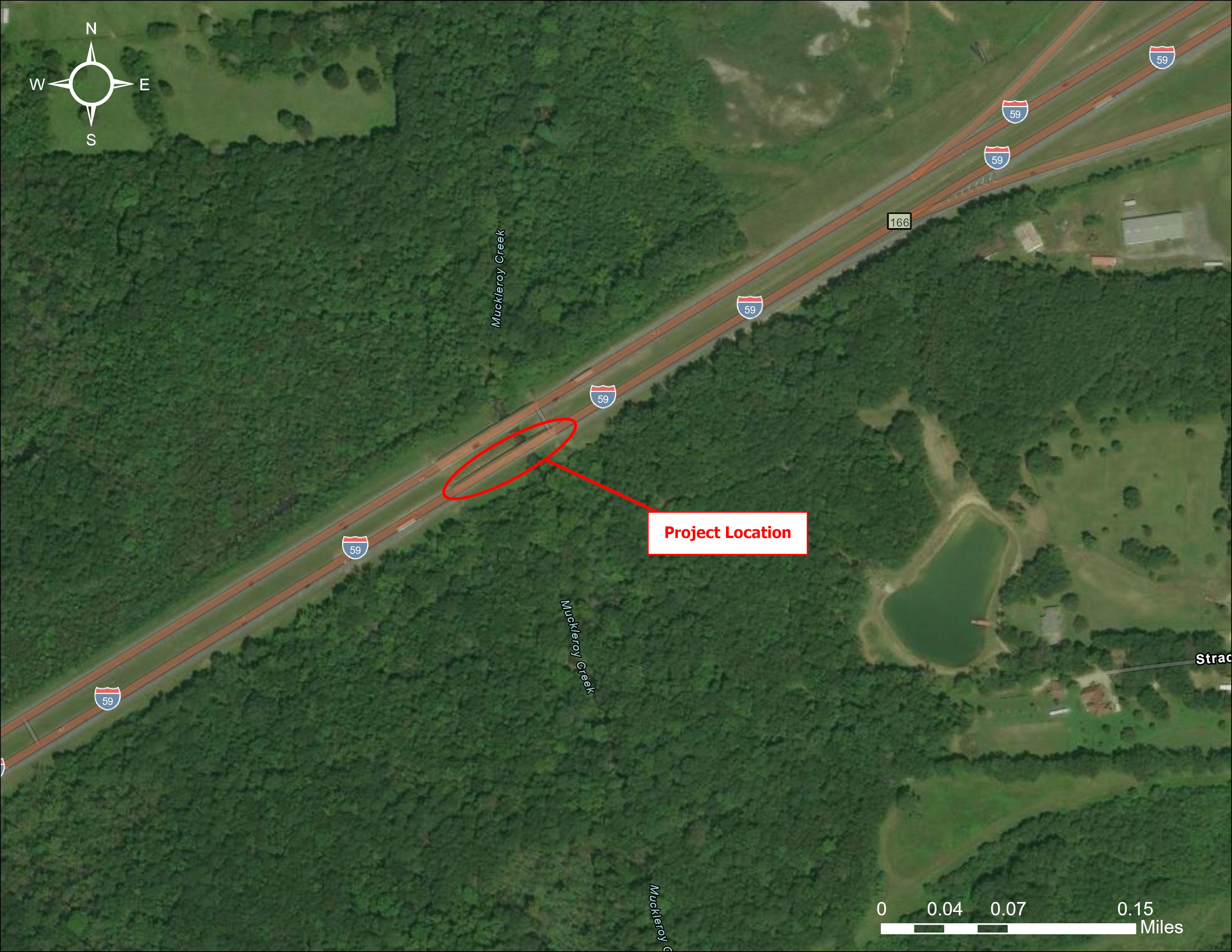 An aerial image of the adjacent area around the I-59 bridges over Muckleroy Creek. The project location is inbetween Whitney and Ashville. 