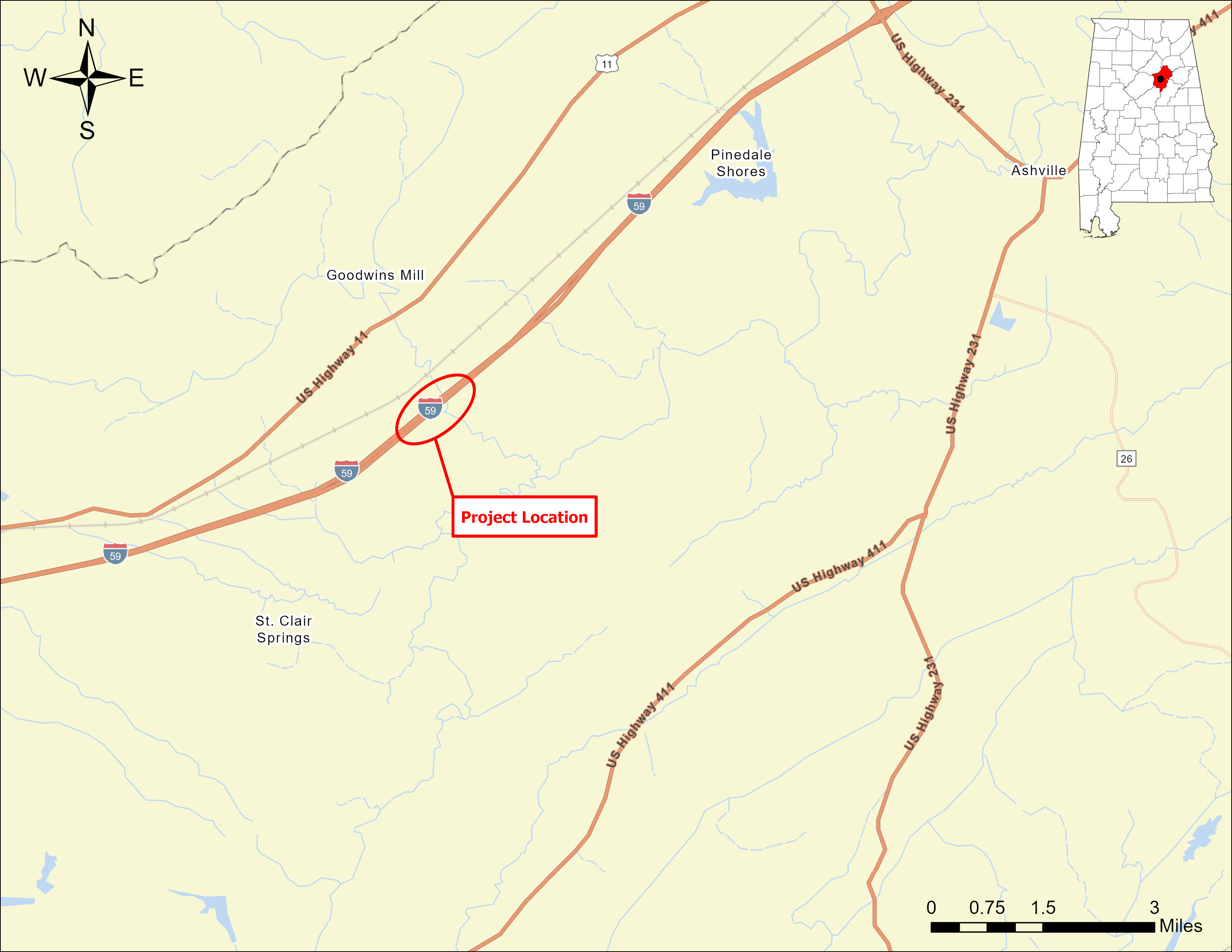 The image shows the general project location of the bridges on I-59 over Canoe Creek.