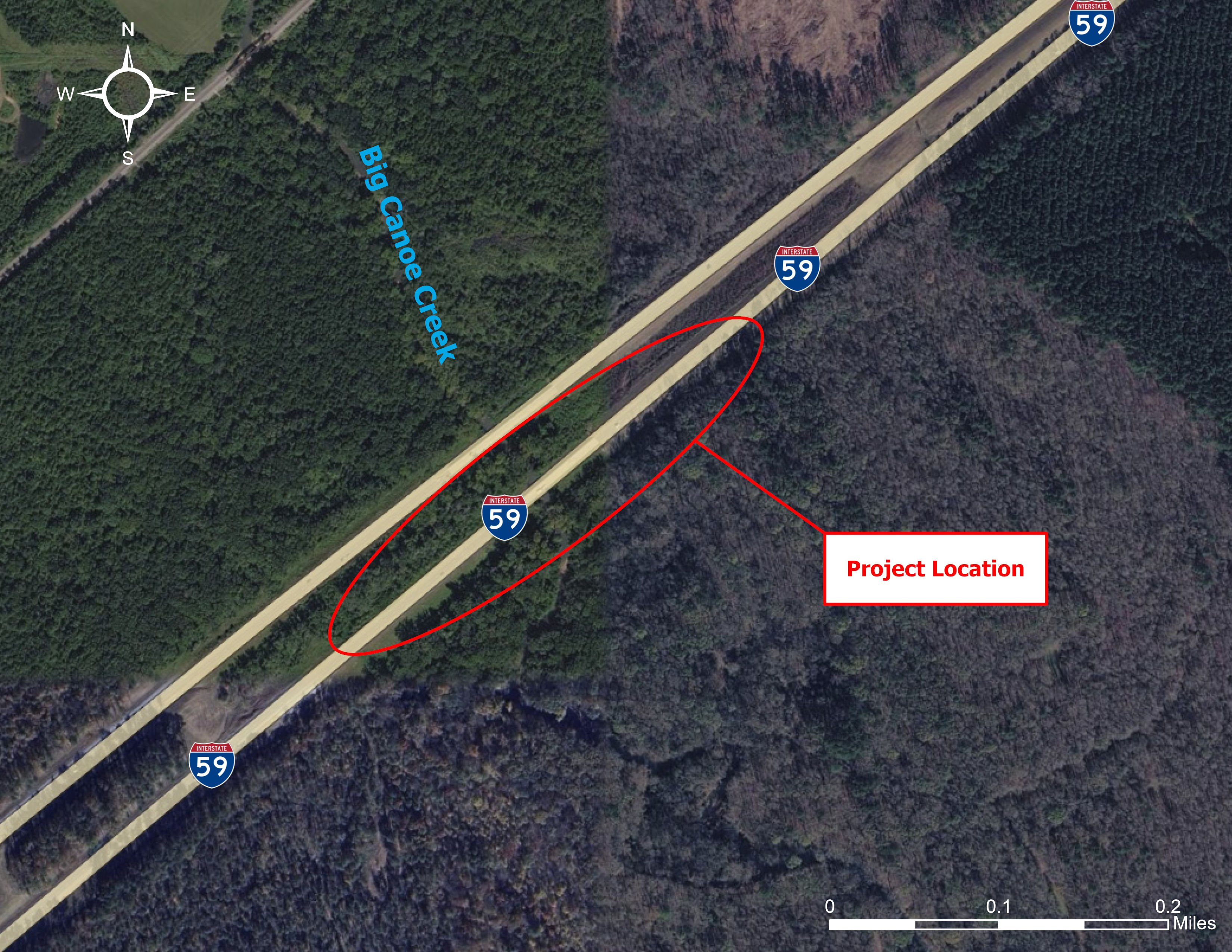 An aerial image of the adjacent area around the I-59 bridges over Canoe Creek. The project location is between the cities of Springville and Ashville.