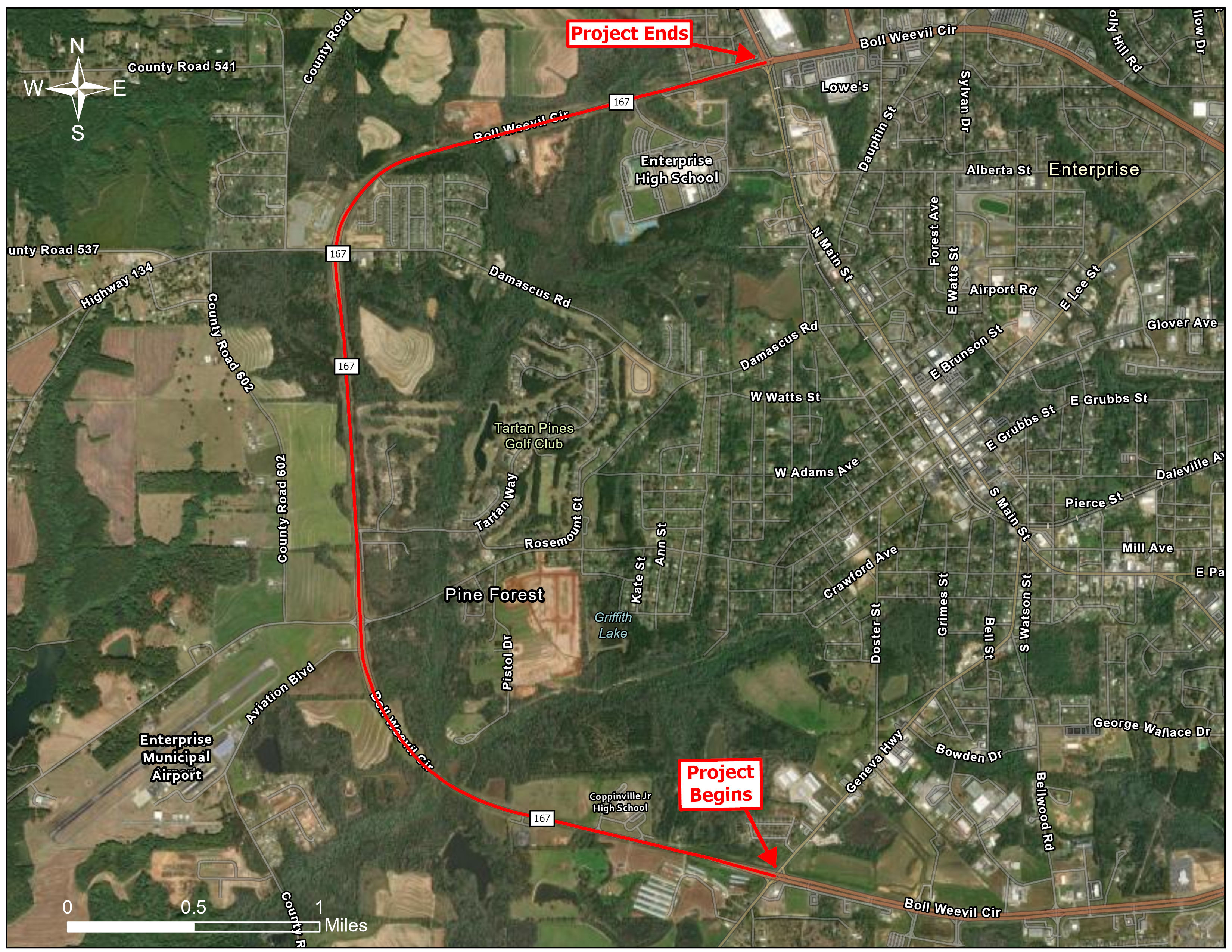 Aerial map showing a close up of the project limits along Boll Weevil Circle.  