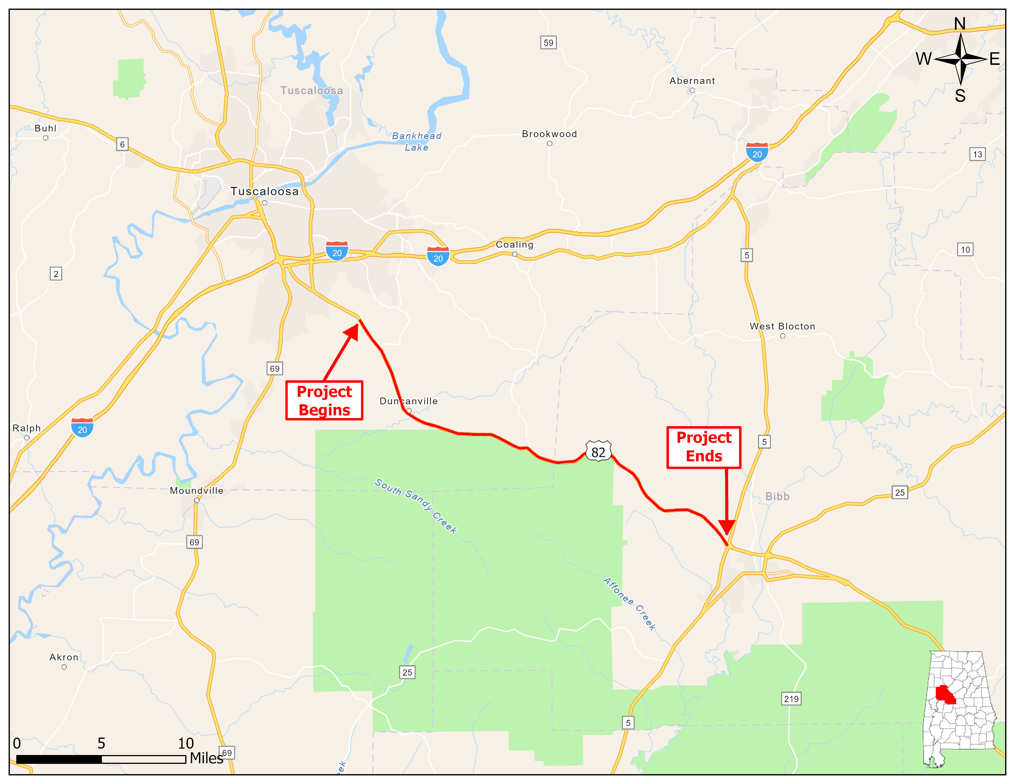 Map showing the proposed project along US-82.  The project begins at the intersection with Jug Factory Road and ends at the intersection with AL-5. 