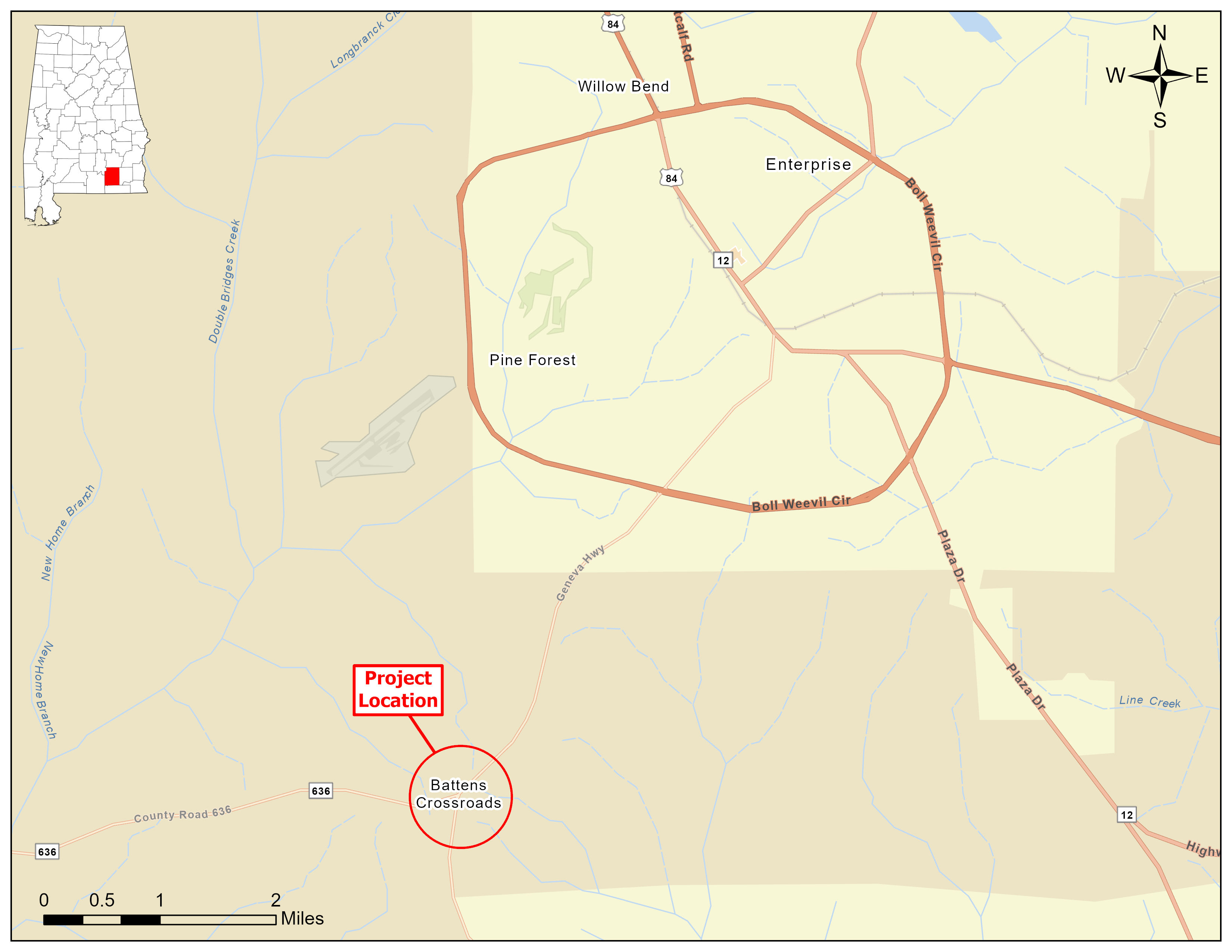Map showing the proposed project location in a red circle and text.  The project is located at the intersection of AL-27 and CR-636 south of Enterprise, Alabama.
