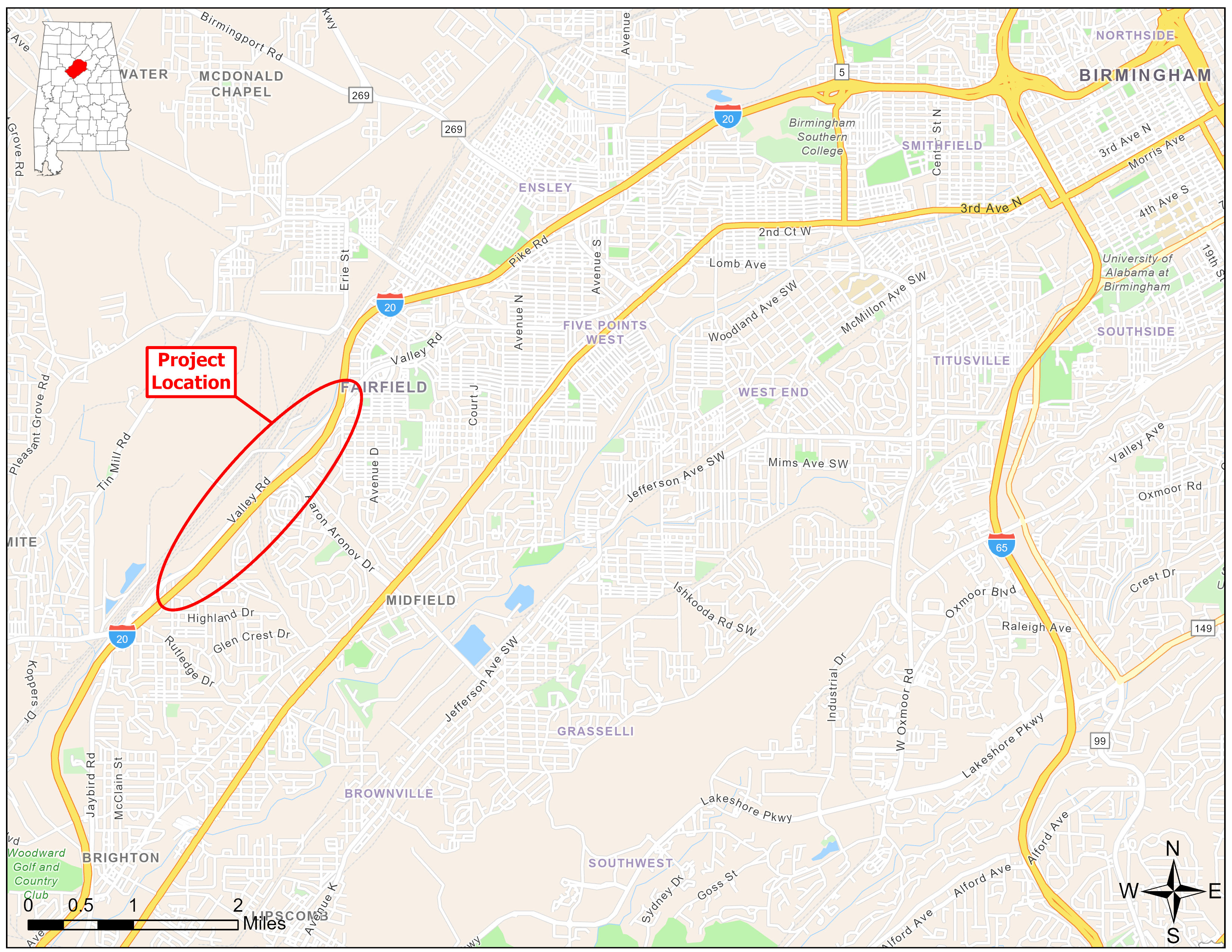 The image is of a map showing the location of the project along I-59/20.  The project begins at Fairfield Boulevard and ends at Valley Road.