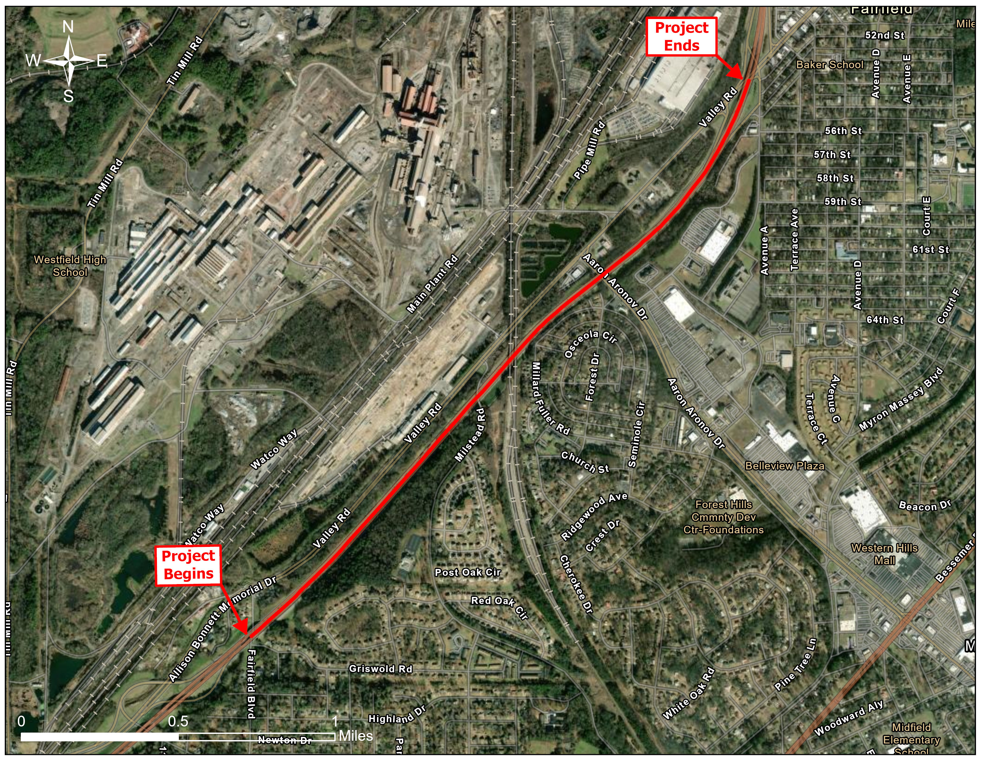 The image is of an aerial map showing the location of the project along I-59/20.  The project begins at Fairfield Boulevard and ends at Valley Road.