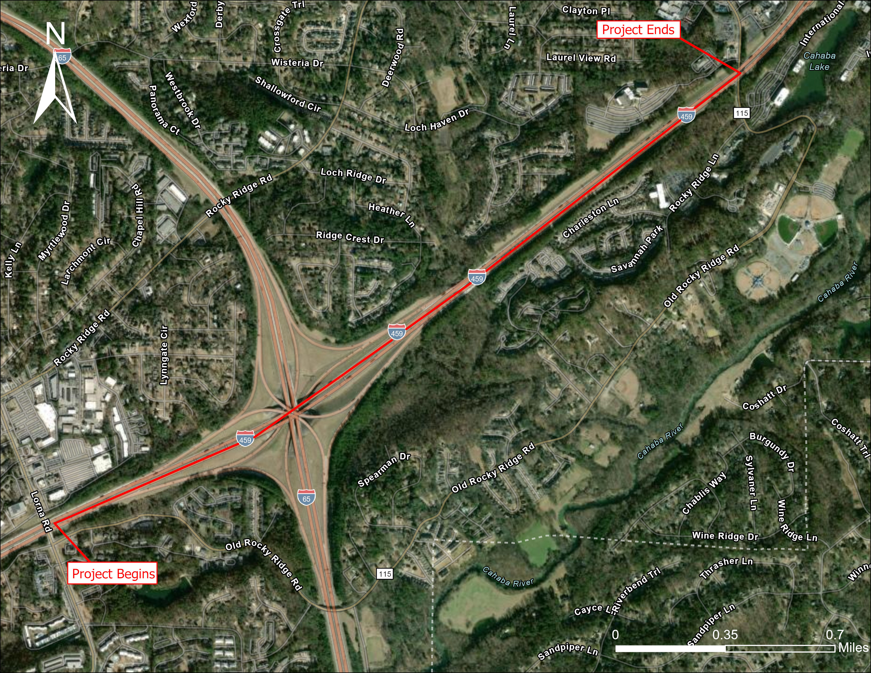 The image is of an aerial map showing a closer view of the proposed project limits. The project is begins at Lorna Road and ends just west of Little Shades Creek.