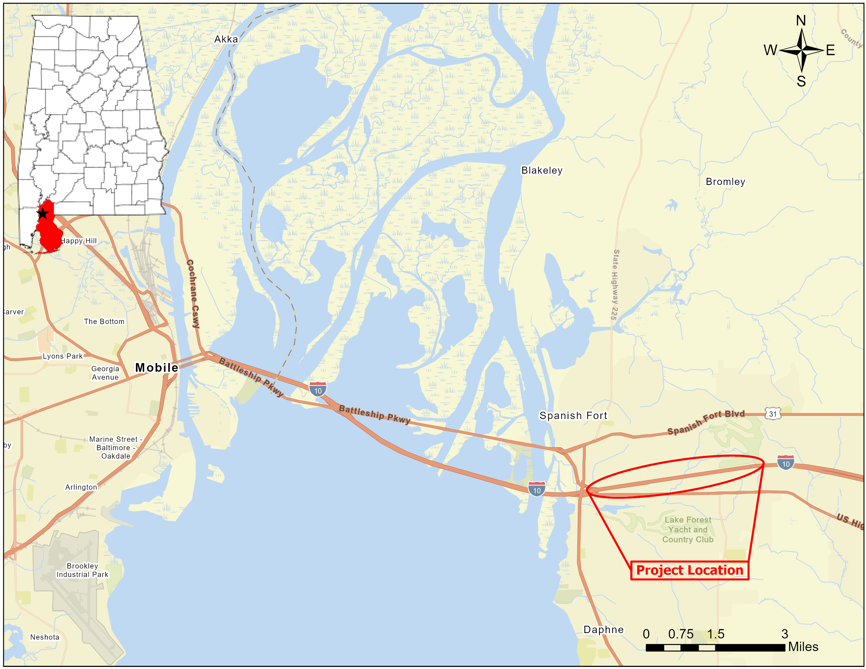 The image is of a map showing the location of the proposed project. The location of I-10 is in Daphne between Exit 35 and Exit 38. The project area is mainly forested, with businesses and residences located near each interchange. 
