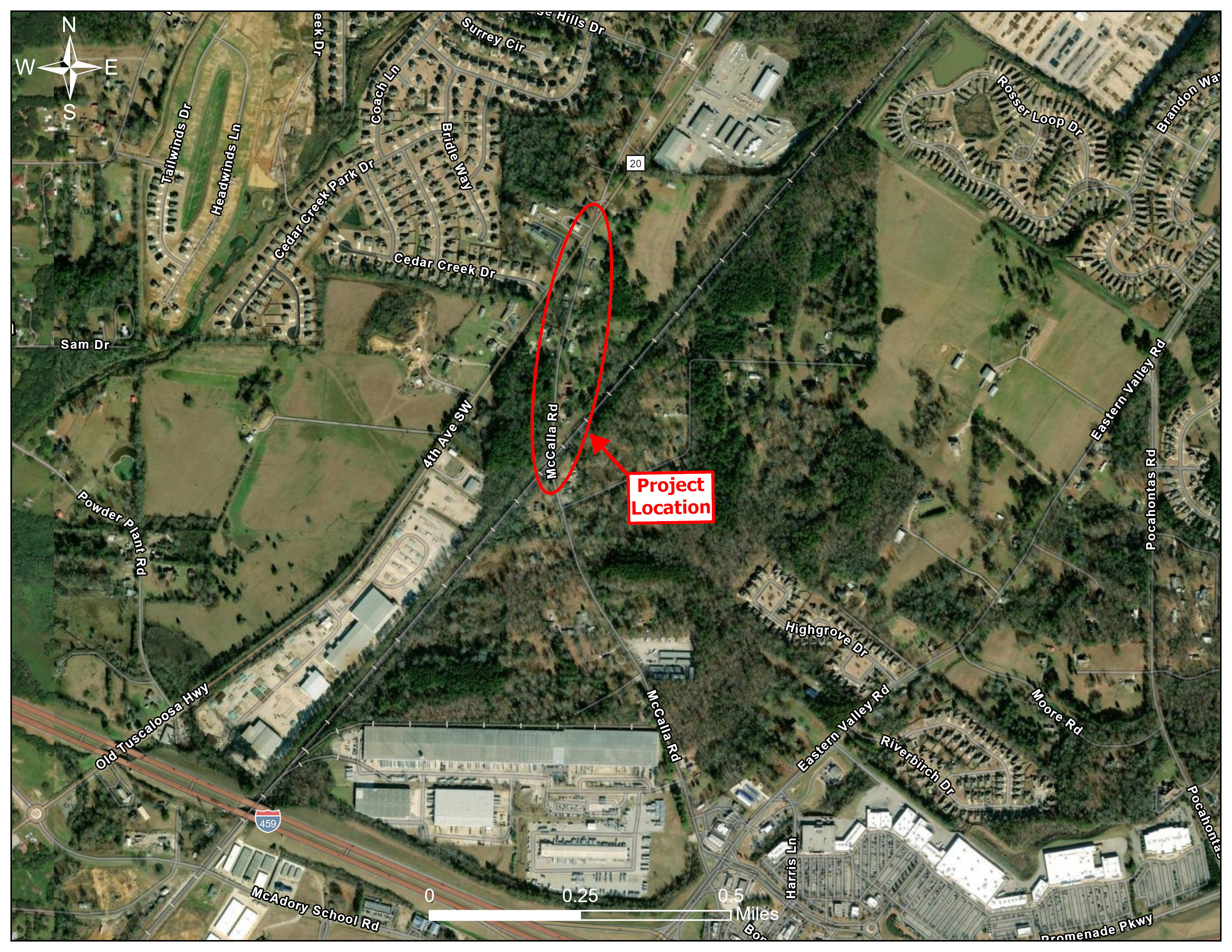Aerial map showing a closer view of the proposed project location.  A red oval and text highlight the area.  The project begins at the intersection of McCalla Road and the Norfolk Southern Railroad and ends at the intersection of McCalla Road and 4th Avenue SW.  